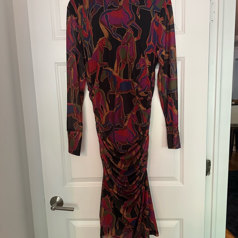 NWT FARM Rio Anthropologie Horses Tulle Bodycon Dress with Sheer Sleeves